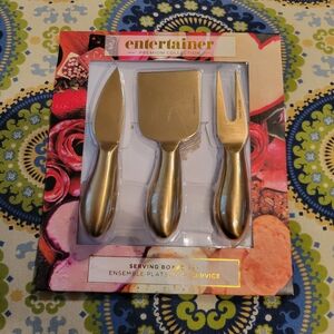 Entertainer Premium Serving Board Set Flat Cheese Knife Fork Spade Gold Plated
